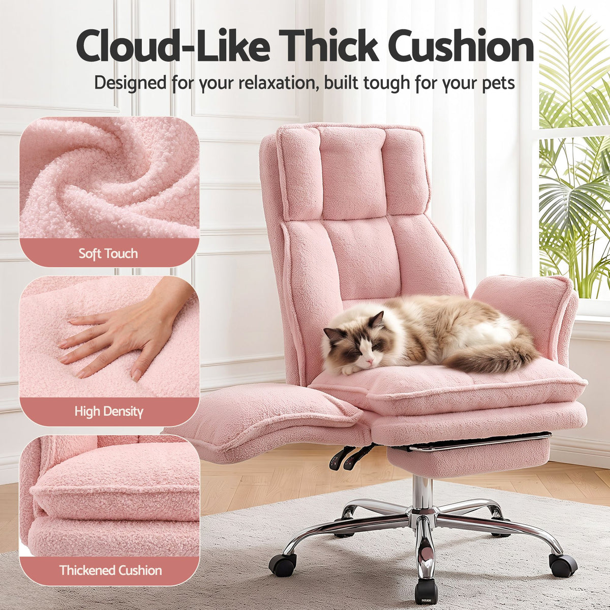 TWSC Big & Tall Criss Cross Office Chair with Flip Armrests Foot Rest Reclining Teddy Fleece Pink