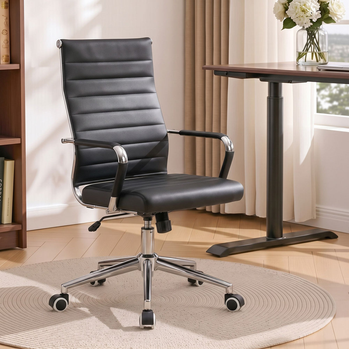 TWSC Ribbed High-Back Office Chair – Black — office chair in a desk setting