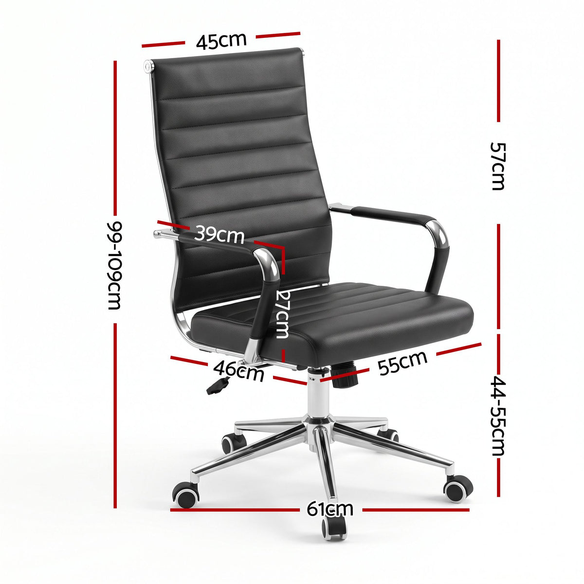 TWSC Ribbed High-Back Office Chair – Black — seat-height and overall-dimension diagram