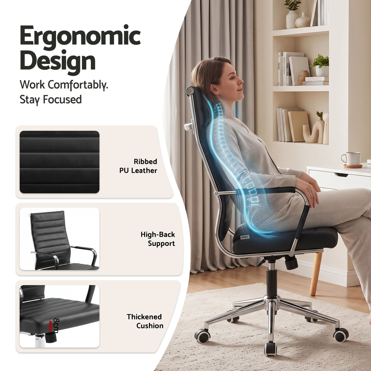 TWSC Ribbed High-Back Office Chair – Black — seat, backrest and armrest detail infographic