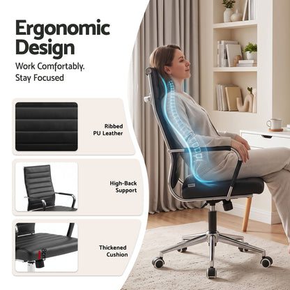 TWSC Ribbed High-Back Office Chair – Black — seat, backrest and armrest detail infographic