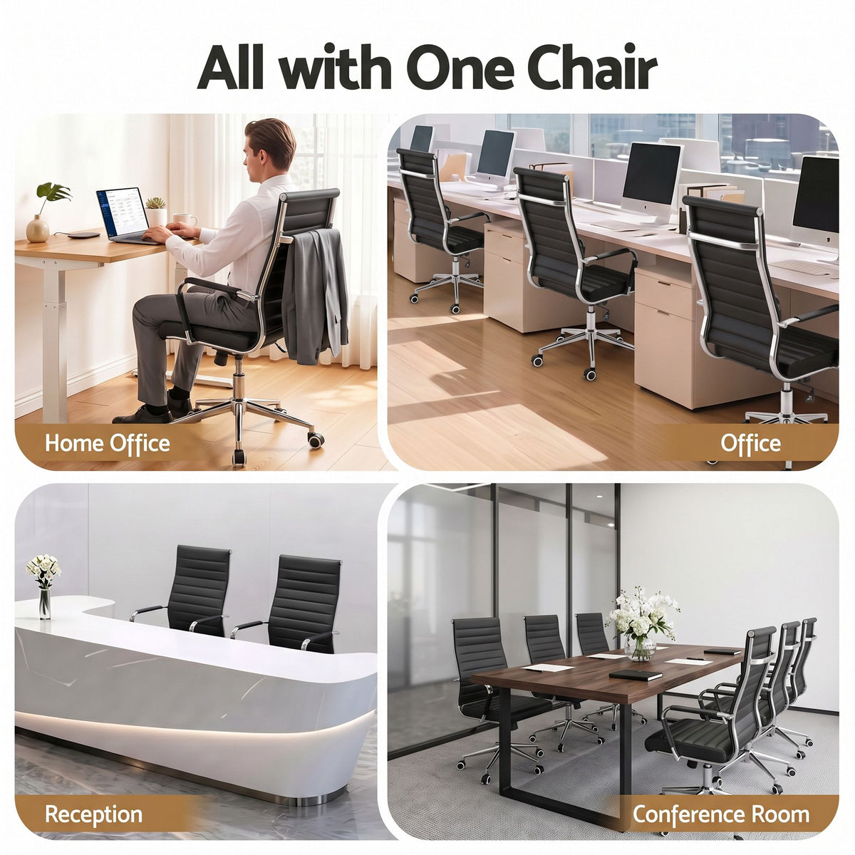 TWSC Ribbed High-Back Office Chair – Black — collage of office and meeting-room settings