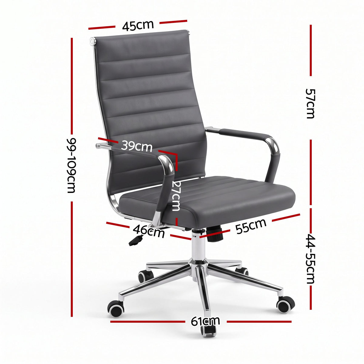 TWSC Ribbed High-Back Office Chair – Grey — seat-height and overall-dimension diagram