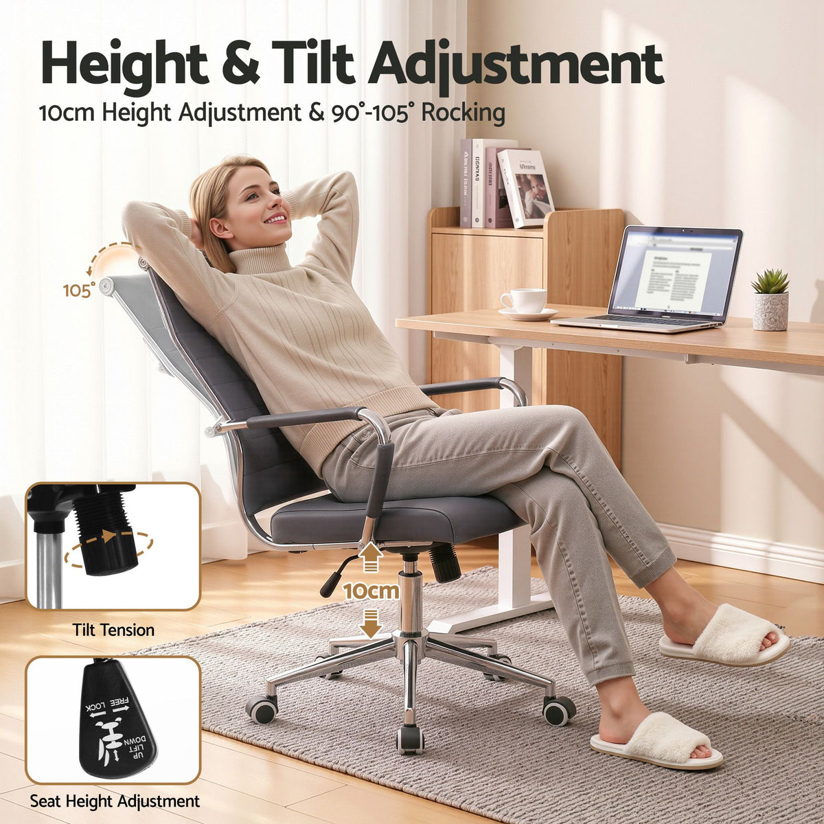 TWSC Ribbed High-Back Office Chair – Grey — height and rocking adjustment infographic