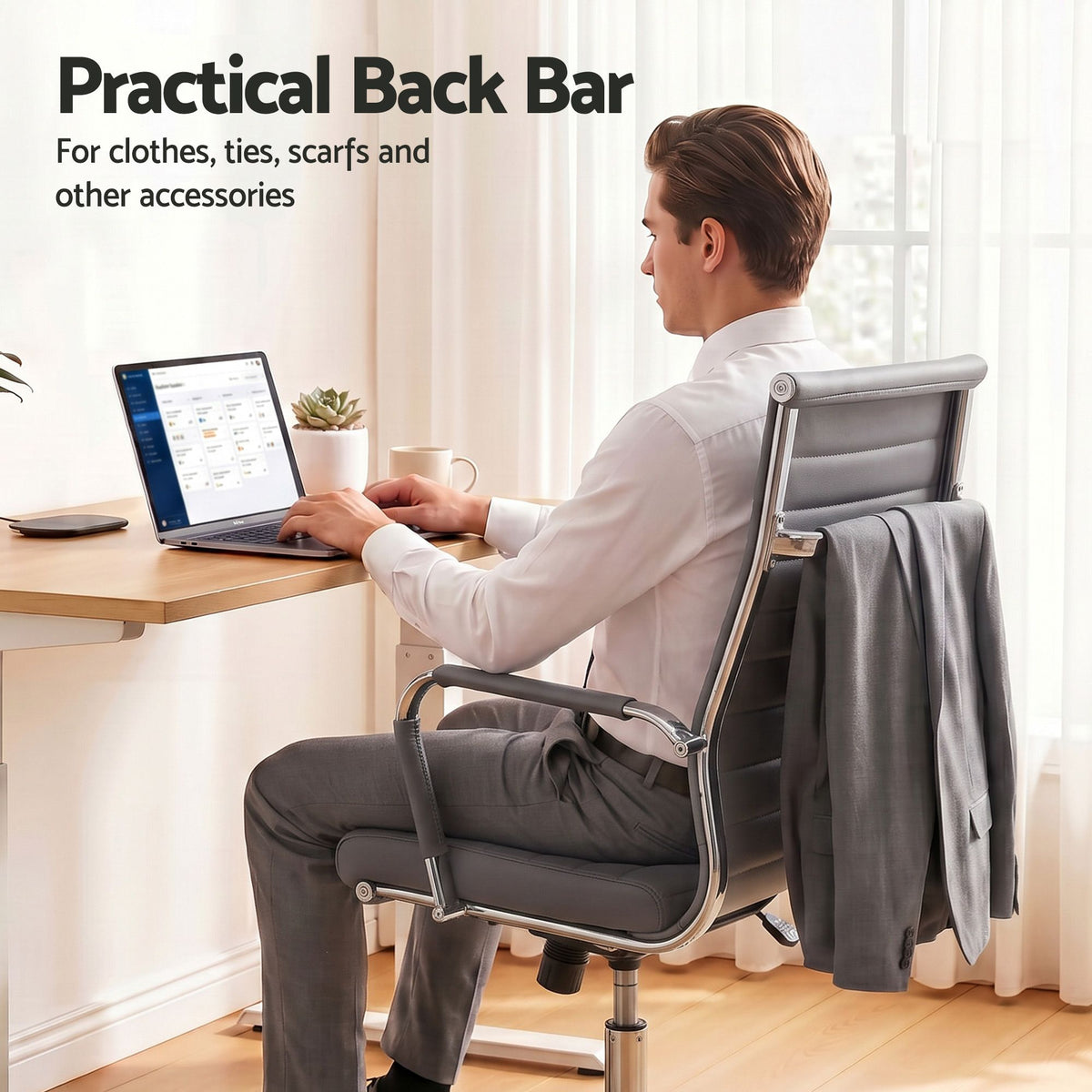 TWSC Ribbed High-Back Office Chair – Grey — rear hanging bar shown in use