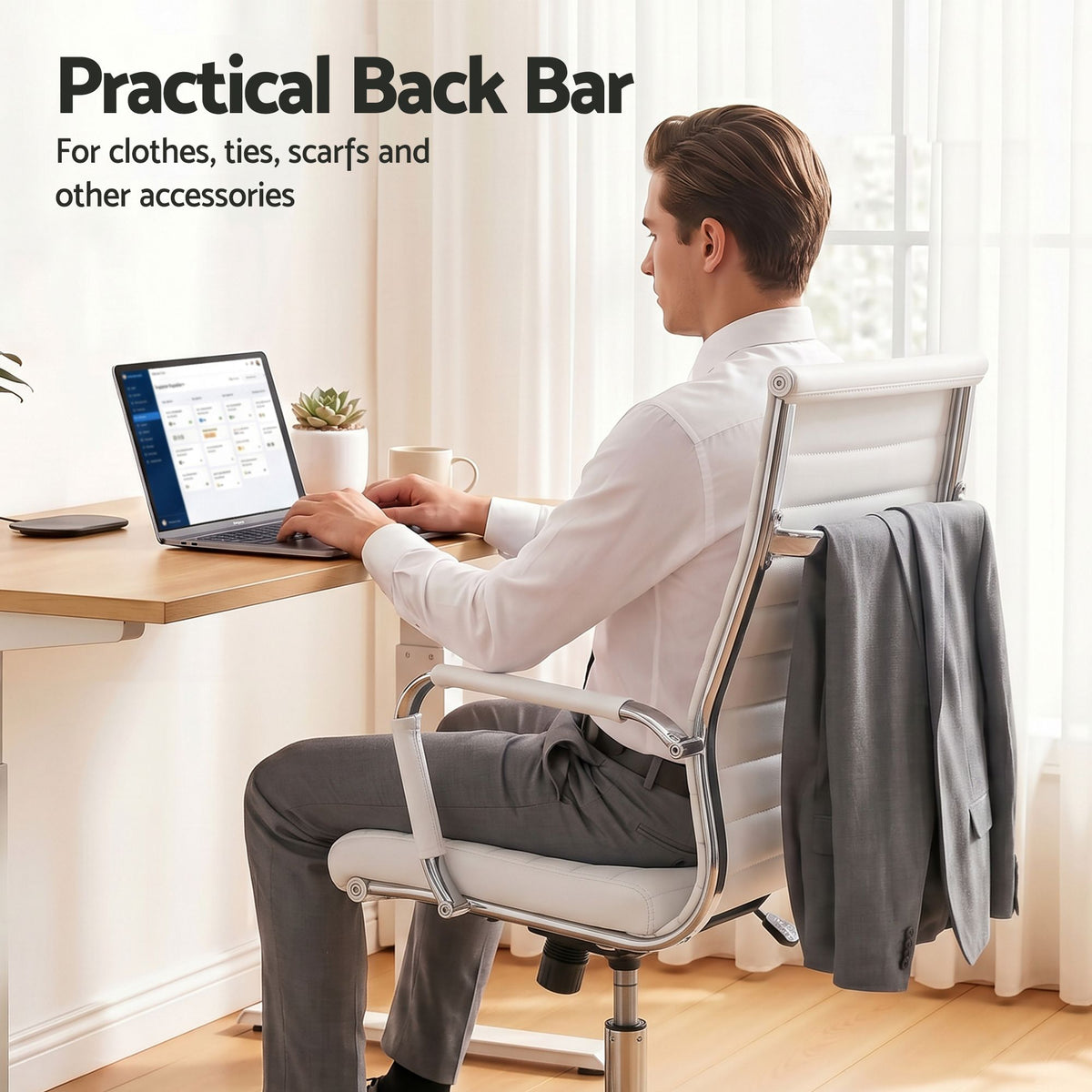 TWSC Ribbed High-Back Office Chair – White — rear hanging bar shown in use