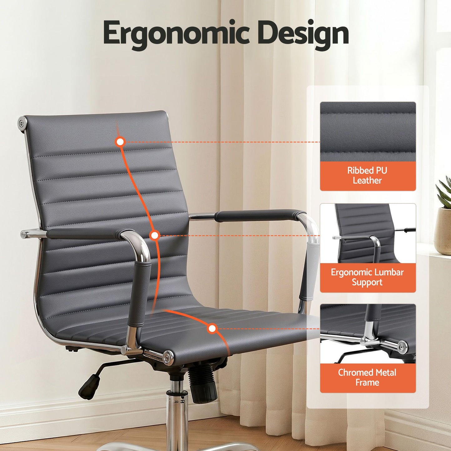 Office Chair – Mid Back, PU Leather, Grey