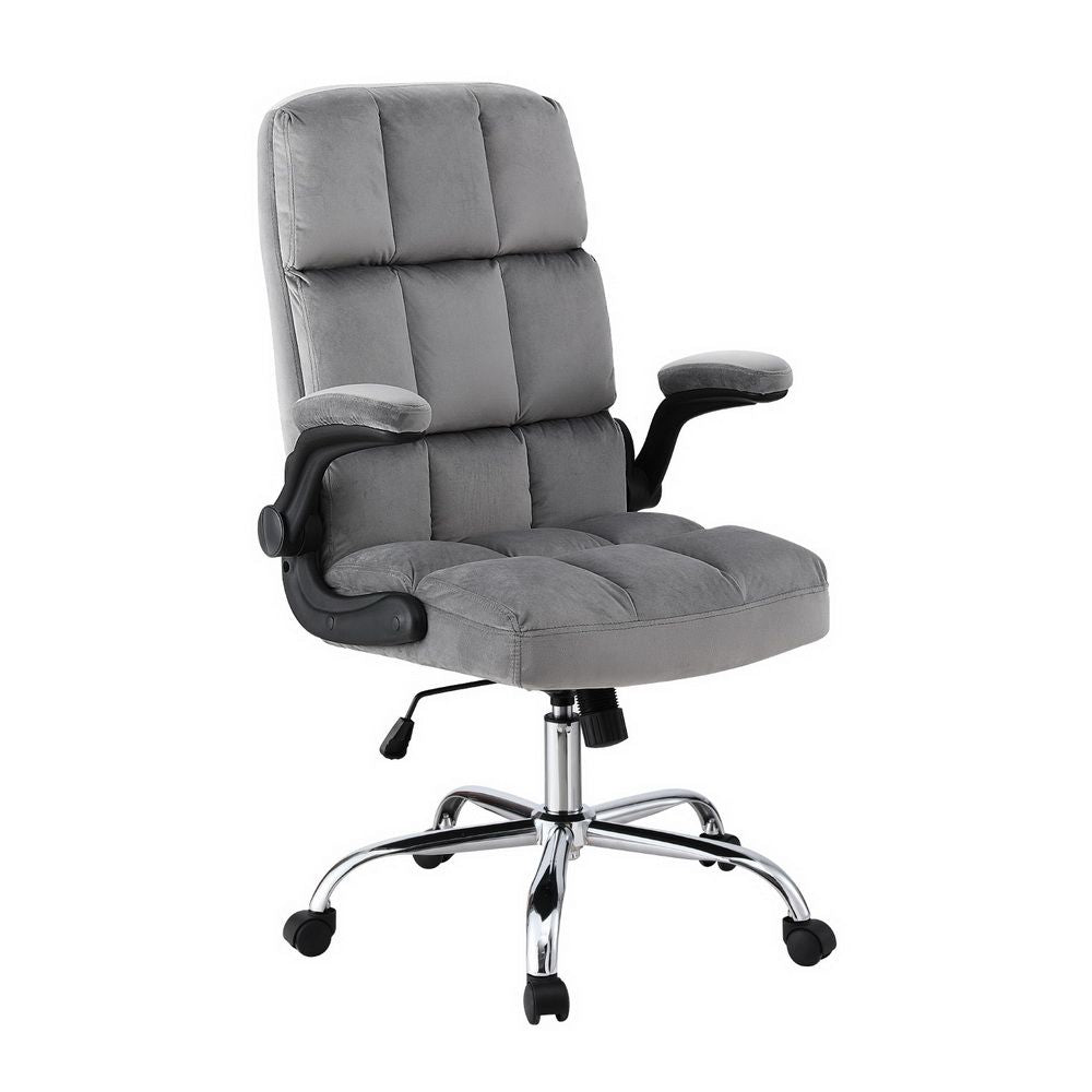 Grey velvet office chair with adjustable armrests from The Willow Stone Collective, featuring a modern ergonomic design.