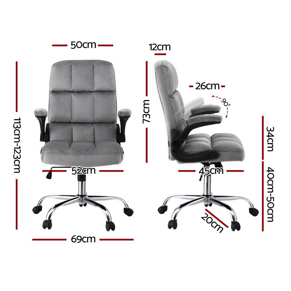 Grey velvet office chair with adjustable armrests and modern design, branded by The Willow Stone Collective.