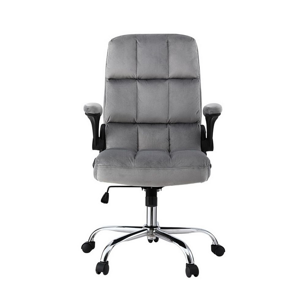 Grey velvet office chair with adjustable armrests, cushioned seat, and modern design by The Willow Stone Collective.