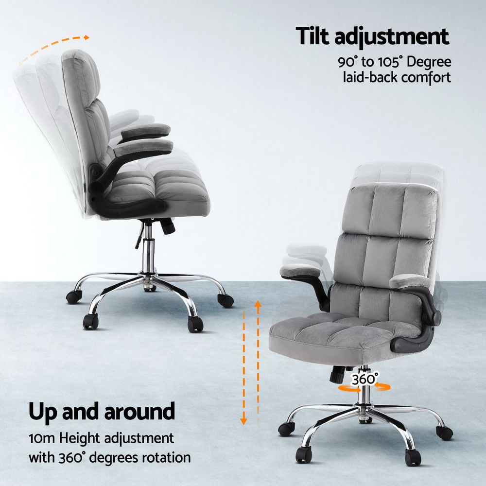 Grey velvet office chair with adjustable armrests and modern design from The Willow Stone Collective.