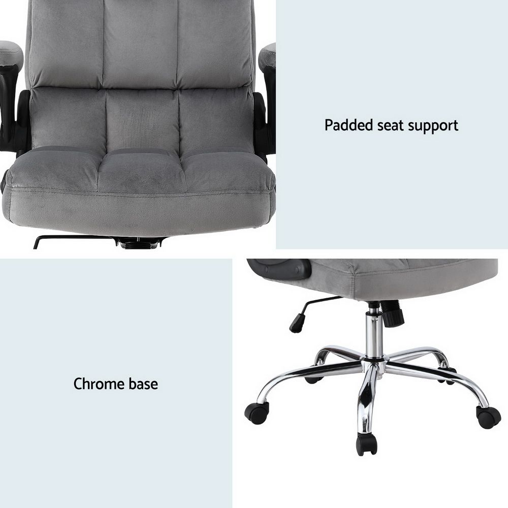 Grey velvet office chair with adjustable armrests from The Willow Stone Collective, featuring a modern ergonomic design.