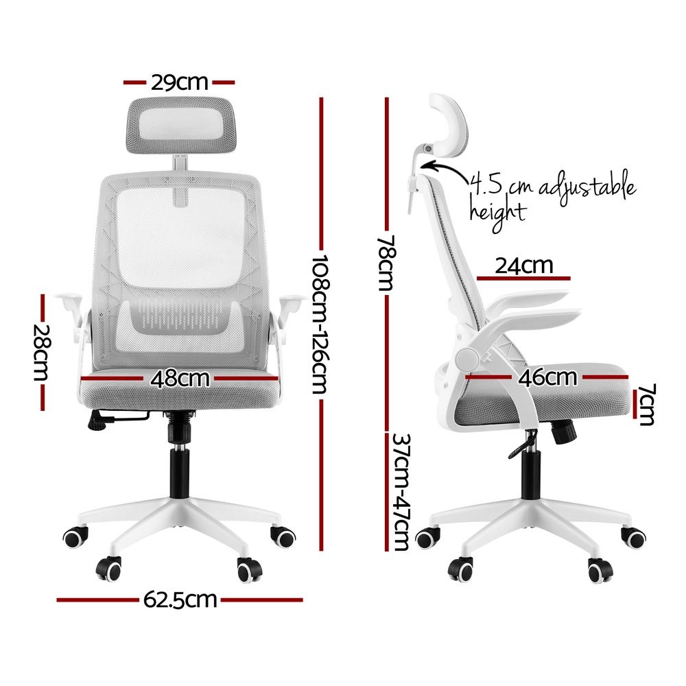 Grey mesh ergonomic office chair with adjustable headrest by The Willow Stone Collective, designed for comfort and support