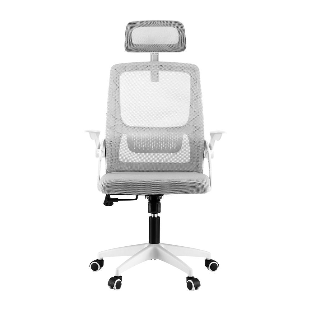 Grey mesh ergonomic office chair with adjustable headrest from The Willow Stone Collective, designed for comfortable workspace seating.