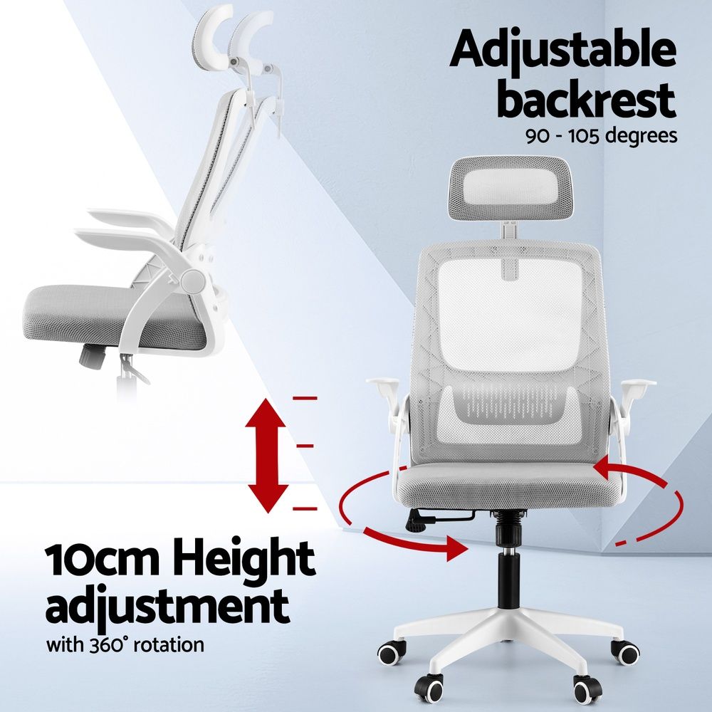Adjustable ergonomic office chair with grey mesh upholstery and headrest for comfortable seating in a home or office setting.