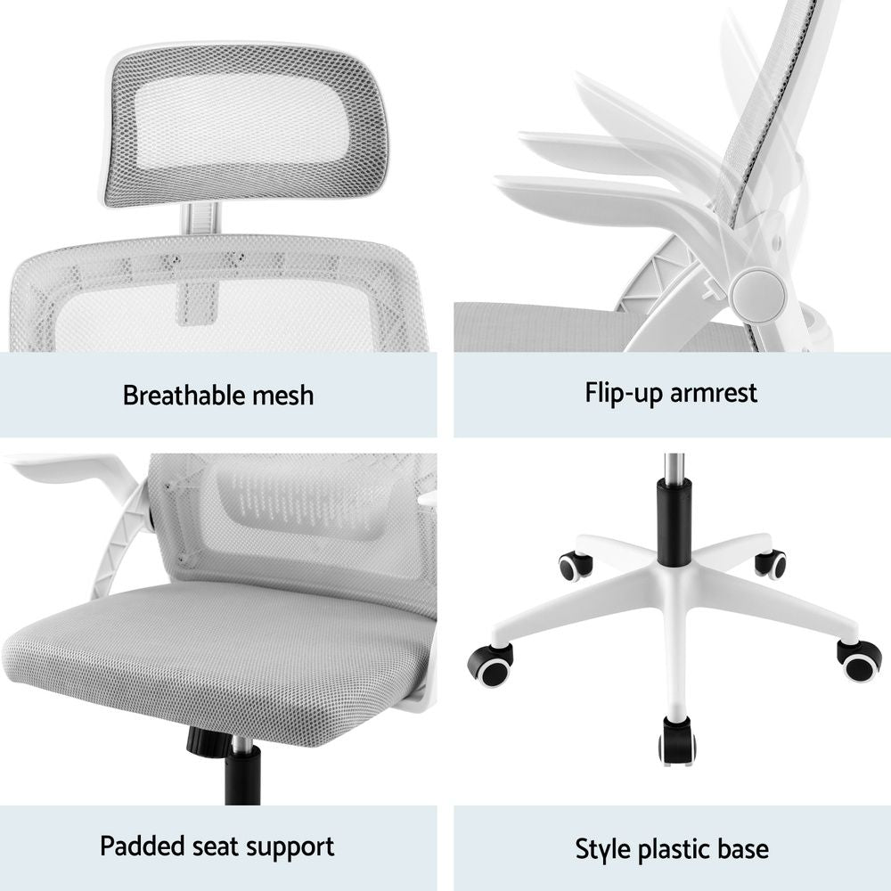 Grey mesh ergonomic office chair with adjustable headrest and modern design by The Willow Stone Collective.