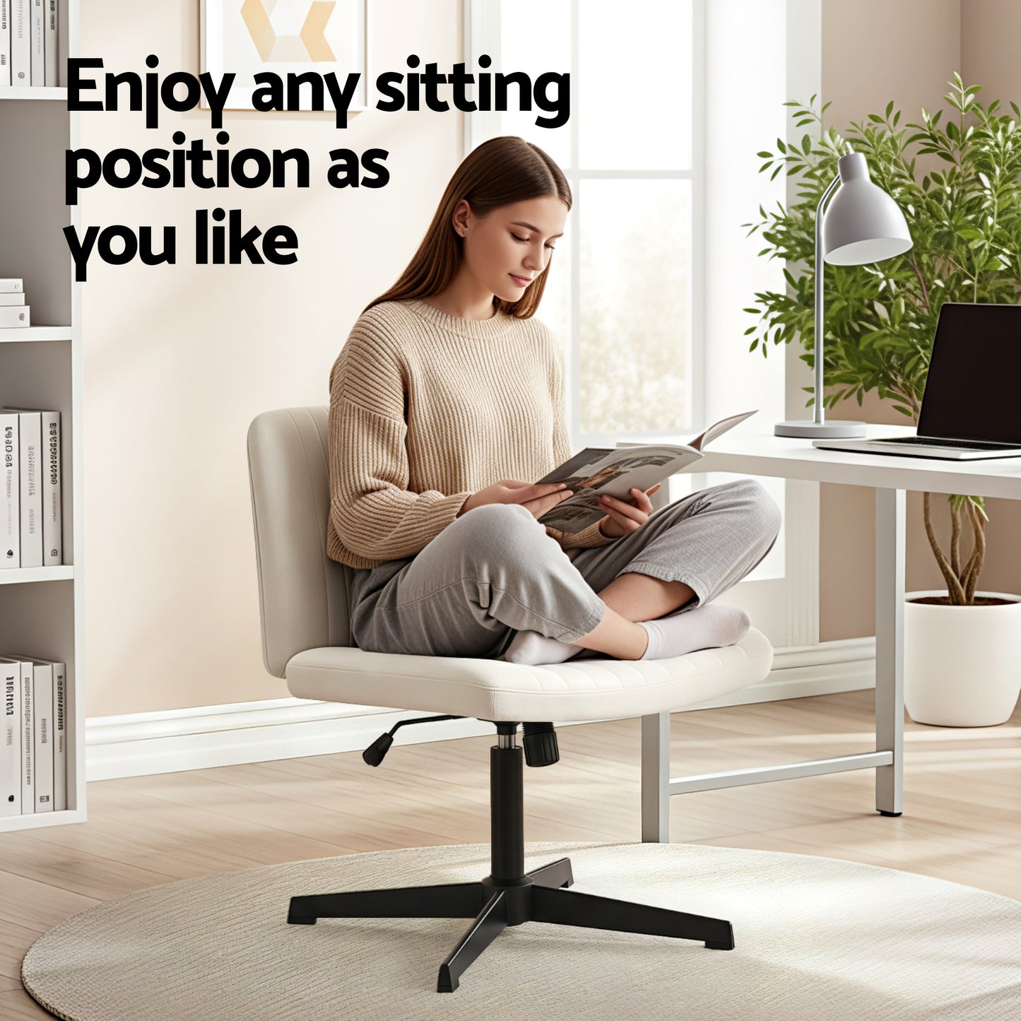 Criss Cross Office Chair – Armless, Height Adjustable, Swivel, Beige Fabric