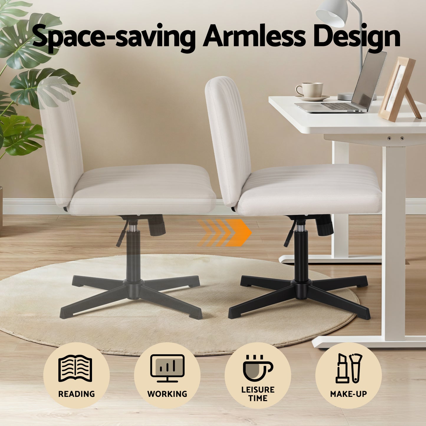 Criss Cross Office Chair – Armless, Height Adjustable, Swivel, Beige Fabric