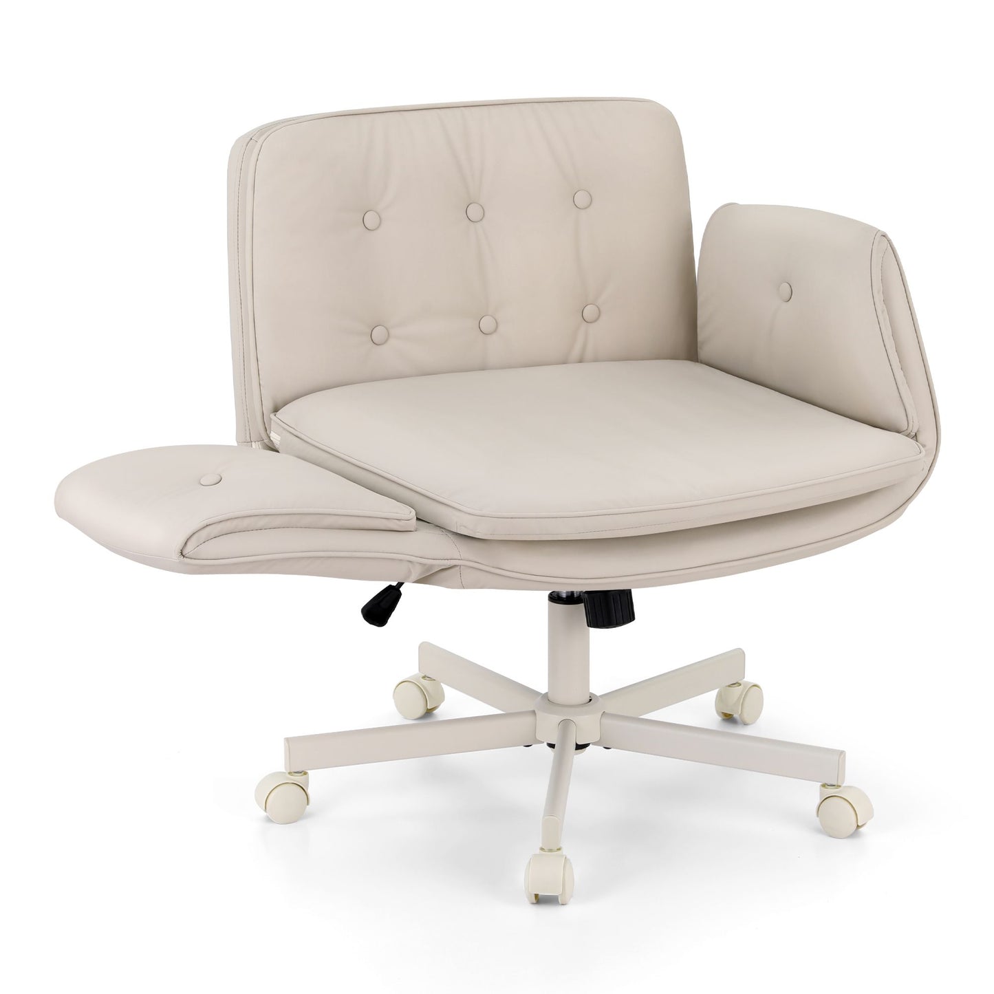 TWSC Criss Cross Chair with Wheels & Adjustable Armrests, Ergonomic Cross Legged Office Desk Chair PU Leather Vanity Chair Swivel for Home, Make Up, Bedroom, Computer, Beige