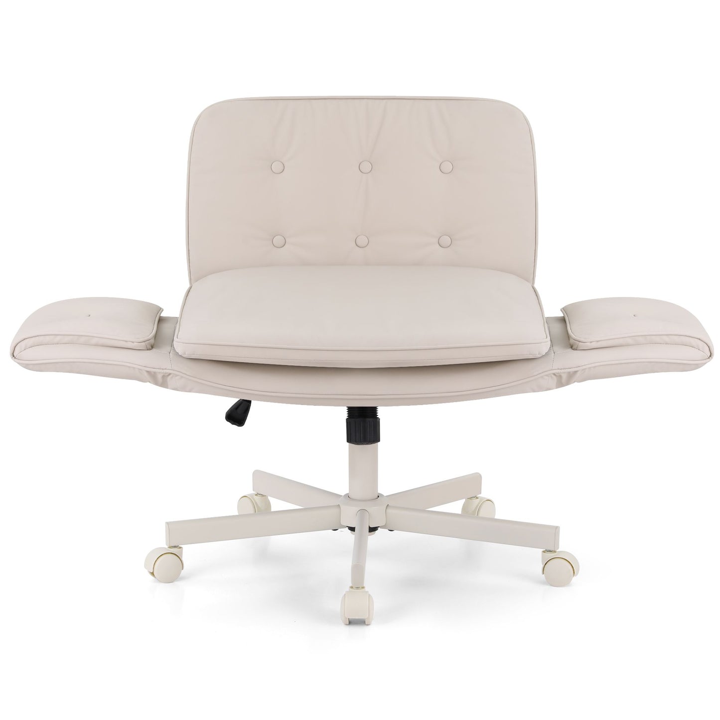 TWSC Criss Cross Chair with Wheels & Adjustable Armrests, Ergonomic Cross Legged Office Desk Chair PU Leather Vanity Chair Swivel for Home, Make Up, Bedroom, Computer, Beige