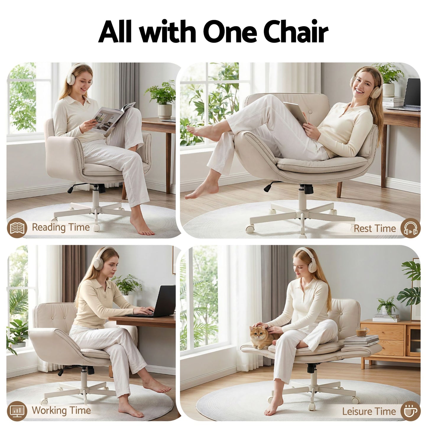 TWSC Criss Cross Chair with Wheels & Adjustable Armrests, Ergonomic Cross Legged Office Desk Chair PU Leather Vanity Chair Swivel for Home, Make Up, Bedroom, Computer, Beige