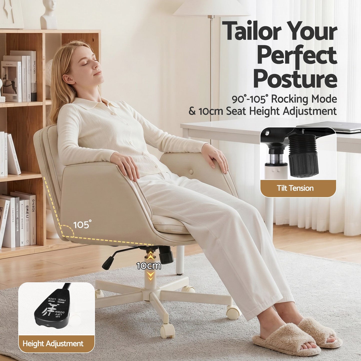 TWSC Criss Cross Chair with Wheels & Adjustable Armrests, Ergonomic Cross Legged Office Desk Chair PU Leather Vanity Chair Swivel for Home, Make Up, Bedroom, Computer, Beige