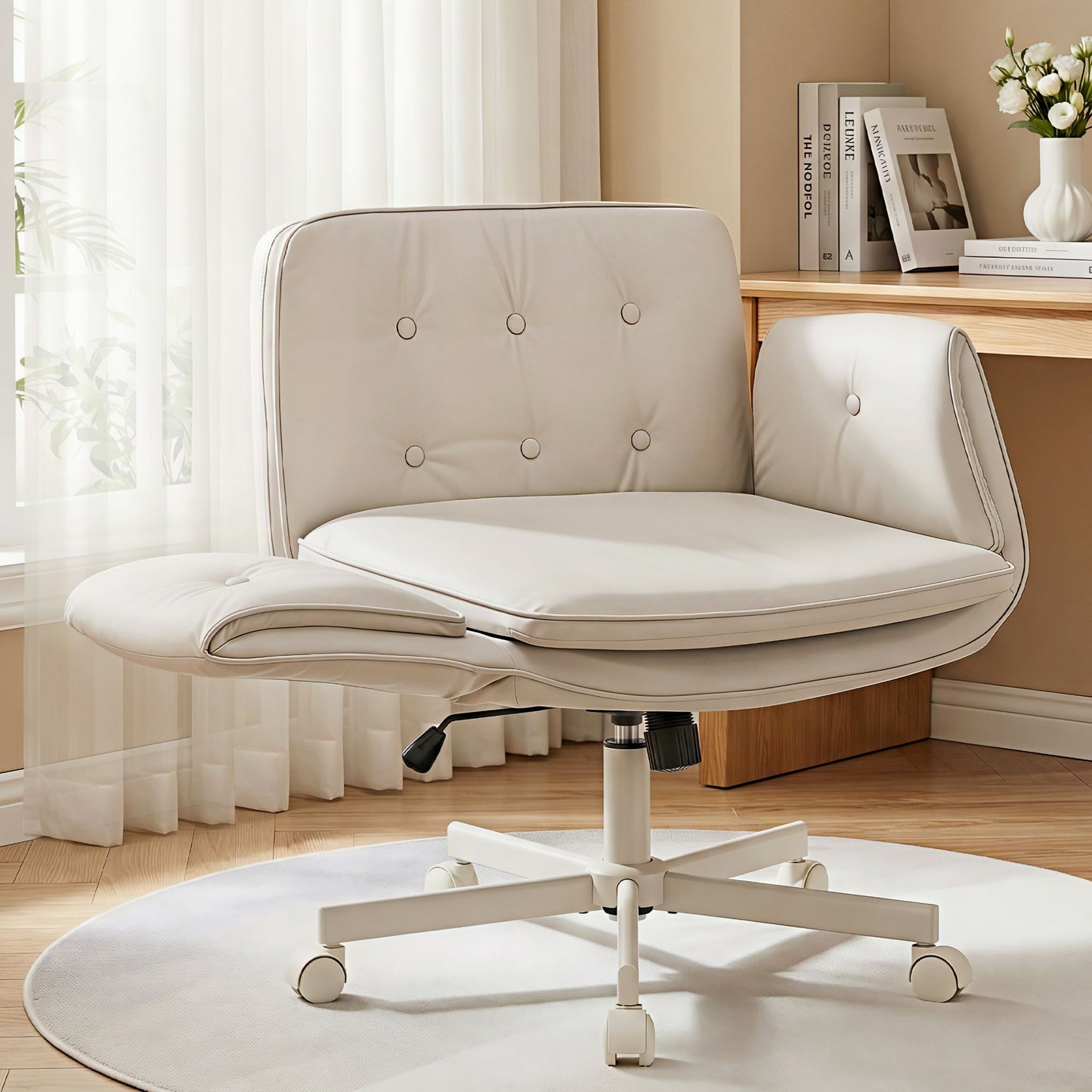 TWSC Criss Cross Chair with Wheels & Adjustable Armrests, Ergonomic Cross Legged Office Desk Chair PU Leather Vanity Chair Swivel for Home, Make Up, Bedroom, Computer, Beige