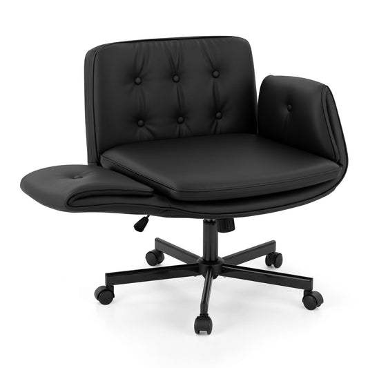 TWSC Criss Cross Chair with Wheels & Adjustable Armrests, Ergonomic Cross Legged Office Desk Chair PU Leather Vanity Chair Swivel for Home, Make Up, Bedroom, Computer, Black