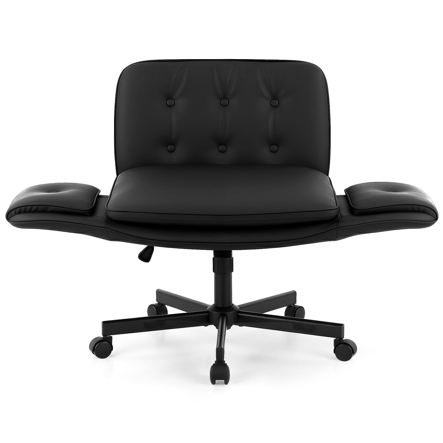 TWSC Criss Cross Chair with Wheels & Adjustable Armrests, Ergonomic Cross Legged Office Desk Chair PU Leather Vanity Chair Swivel for Home, Make Up, Bedroom, Computer, Black