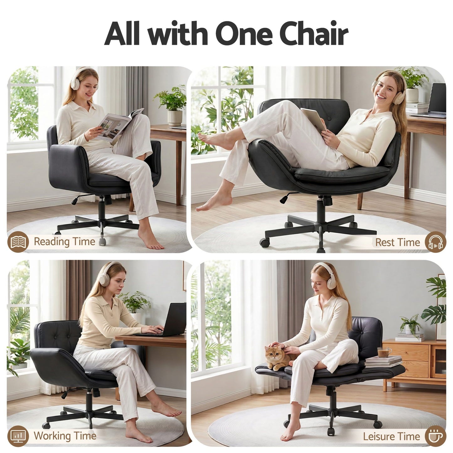 TWSC Criss Cross Chair with Wheels & Adjustable Armrests, Ergonomic Cross Legged Office Desk Chair PU Leather Vanity Chair Swivel for Home, Make Up, Bedroom, Computer, Black