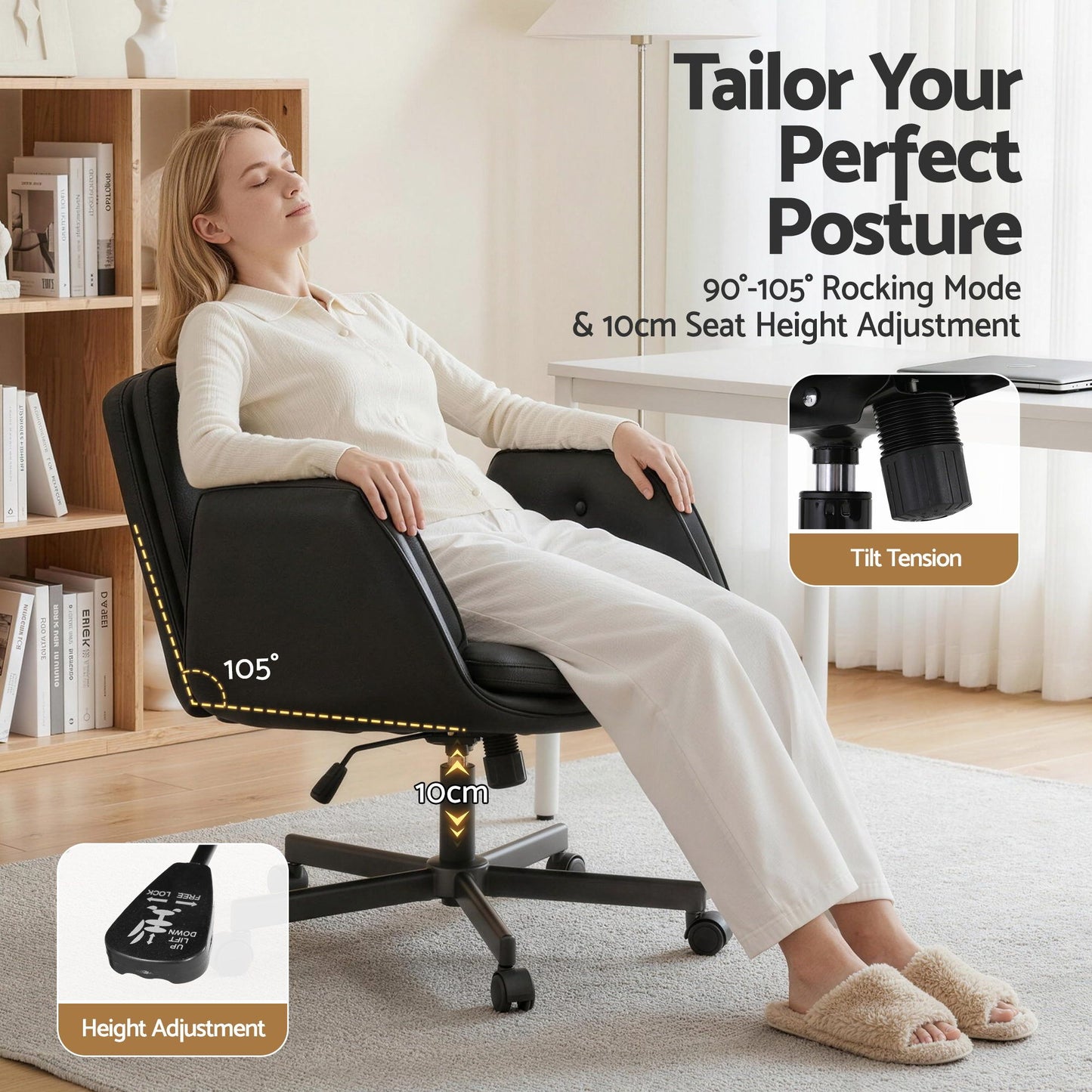 TWSC Criss Cross Chair with Wheels & Adjustable Armrests, Ergonomic Cross Legged Office Desk Chair PU Leather Vanity Chair Swivel for Home, Make Up, Bedroom, Computer, Black