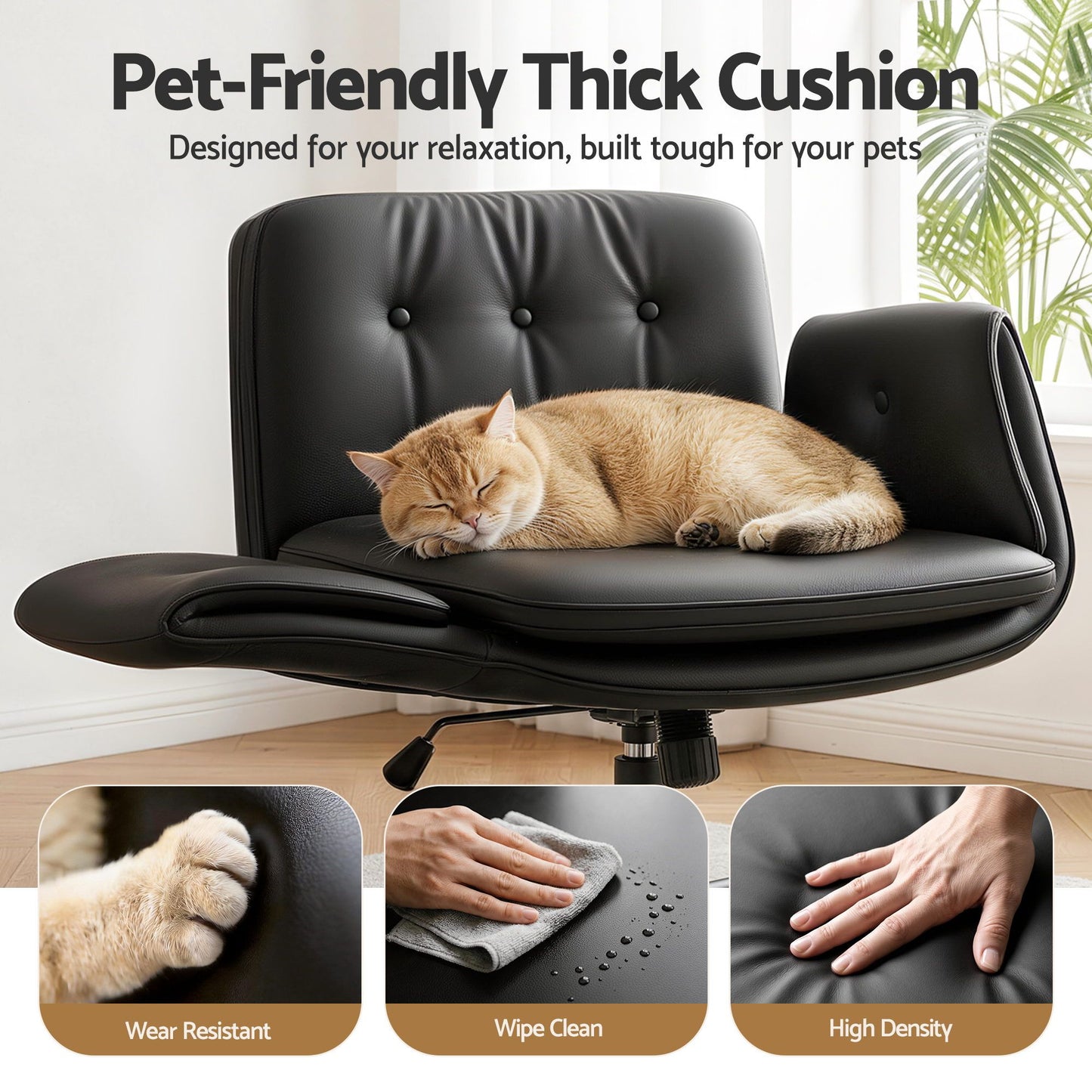 TWSC Criss Cross Chair with Wheels & Adjustable Armrests, Ergonomic Cross Legged Office Desk Chair PU Leather Vanity Chair Swivel for Home, Make Up, Bedroom, Computer, Black