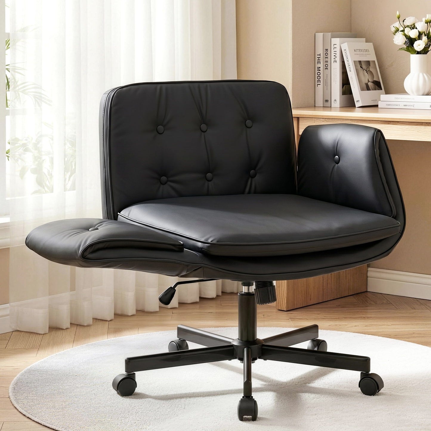 TWSC Criss Cross Chair with Wheels & Adjustable Armrests, Ergonomic Cross Legged Office Desk Chair PU Leather Vanity Chair Swivel for Home, Make Up, Bedroom, Computer, Black