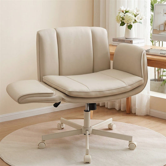 TWSC Cross Legged Office Chair PU Leather Swivel Vanity Chair Wide Seat Adjustable Arms Beige
