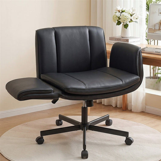 TWSC Cross Legged Office Chair PU Leather Swivel Vanity Chair Wide Seat Adjustable Arms Black