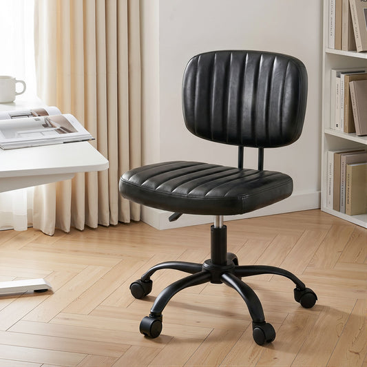 TWSC Armless Office Chair with Wheels, Ergonomic PU Leather Office Desk Chair, Height Adjustable 360° Swivel Computer Task Chair for Home Office, Study Room & Small Space, Black