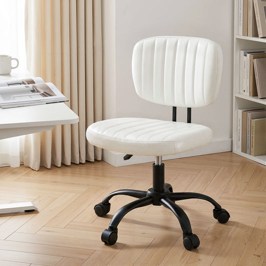 TWSC Armless Office Chair with Wheels, Ergonomic PU Leather Office Desk Chair, Height Adjustable 360° Swivel Computer Task Chair for Home Office, Study Room & Small Space, White