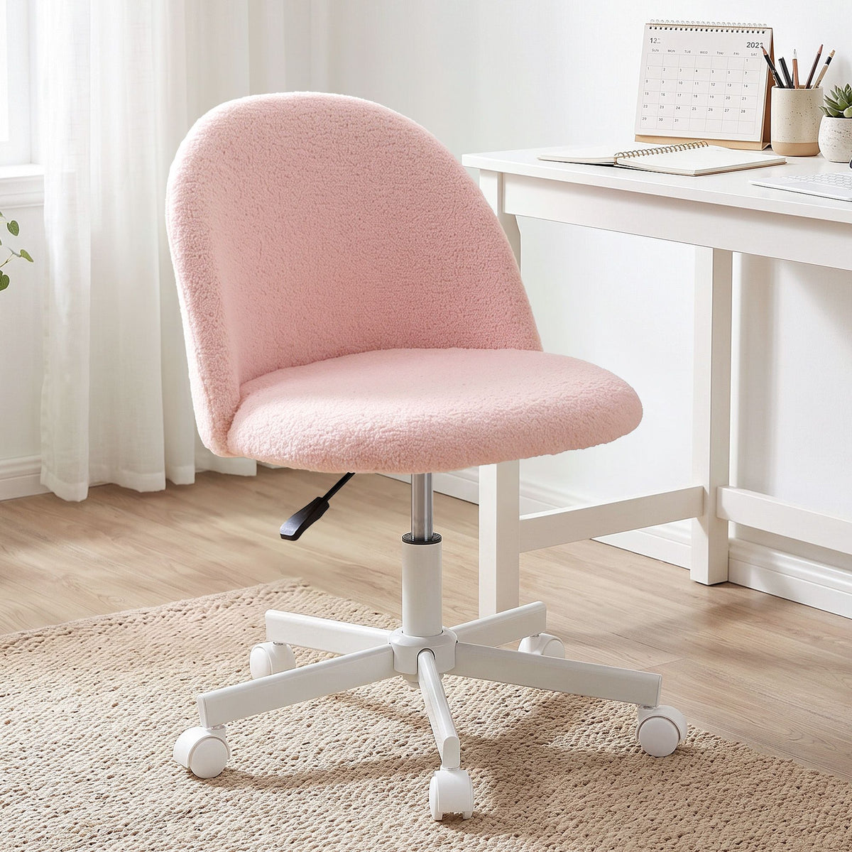 TWSC Office Chair Armless Swivel Vanity Desk Chair with Wheels Teddy Fleece Pink