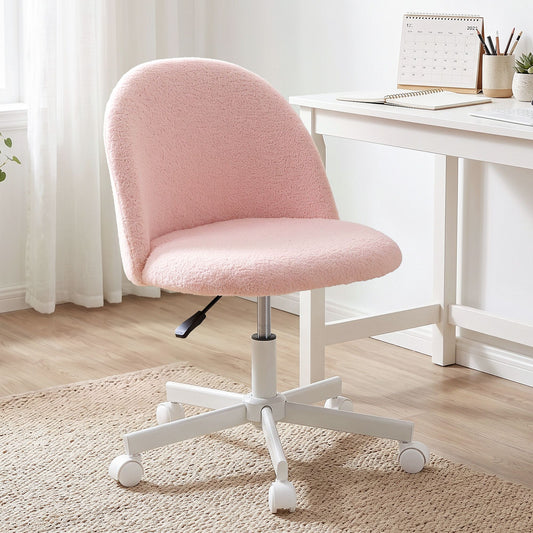 TWSC Office Chair Armless Swivel Vanity Desk Chair with Wheels Teddy Fleece Pink