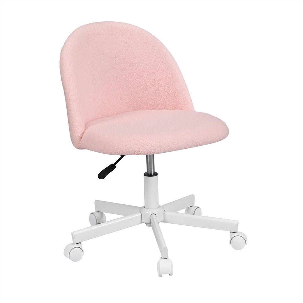 TWSC Office Chair Armless Swivel Vanity Desk Chair with Wheels Teddy Fleece Pink