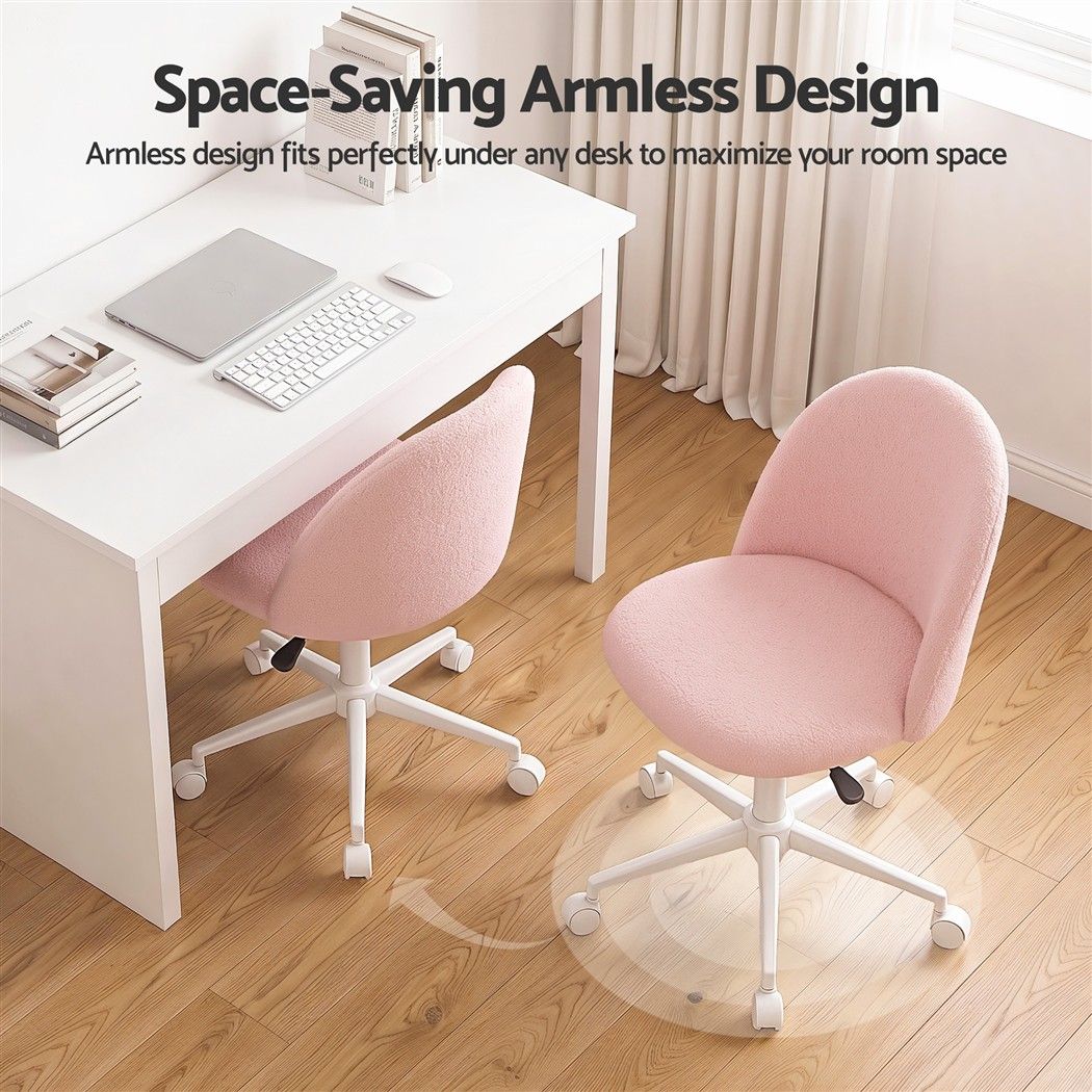 TWSC Office Chair Armless Swivel Vanity Desk Chair with Wheels Teddy Fleece Pink
