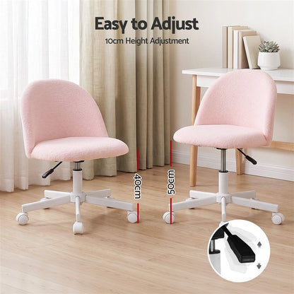 TWSC Office Chair Armless Swivel Vanity Desk Chair with Wheels Teddy Fleece Pink