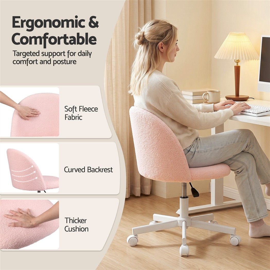 TWSC Office Chair Armless Swivel Vanity Desk Chair with Wheels Teddy Fleece Pink