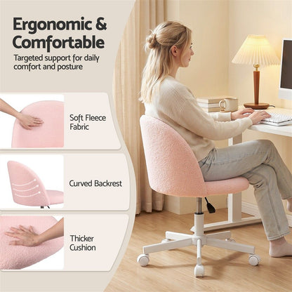 TWSC Office Chair Armless Swivel Vanity Desk Chair with Wheels Teddy Fleece Pink