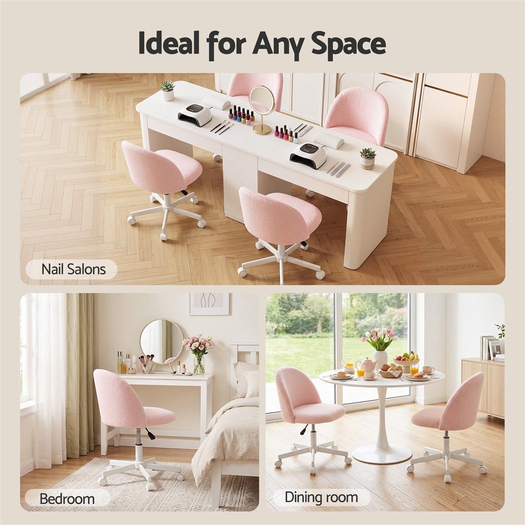 TWSC Office Chair Armless Swivel Vanity Desk Chair with Wheels Teddy Fleece Pink