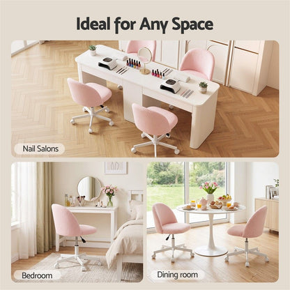 TWSC Office Chair Armless Swivel Vanity Desk Chair with Wheels Teddy Fleece Pink