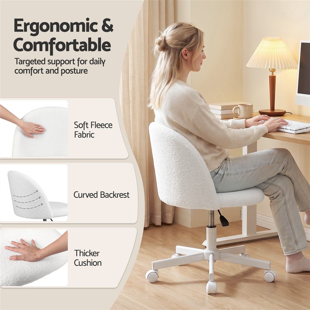 TWSC Office Chair Armless Swivel Vanity Desk Chair with Wheels Teddy Fleece White