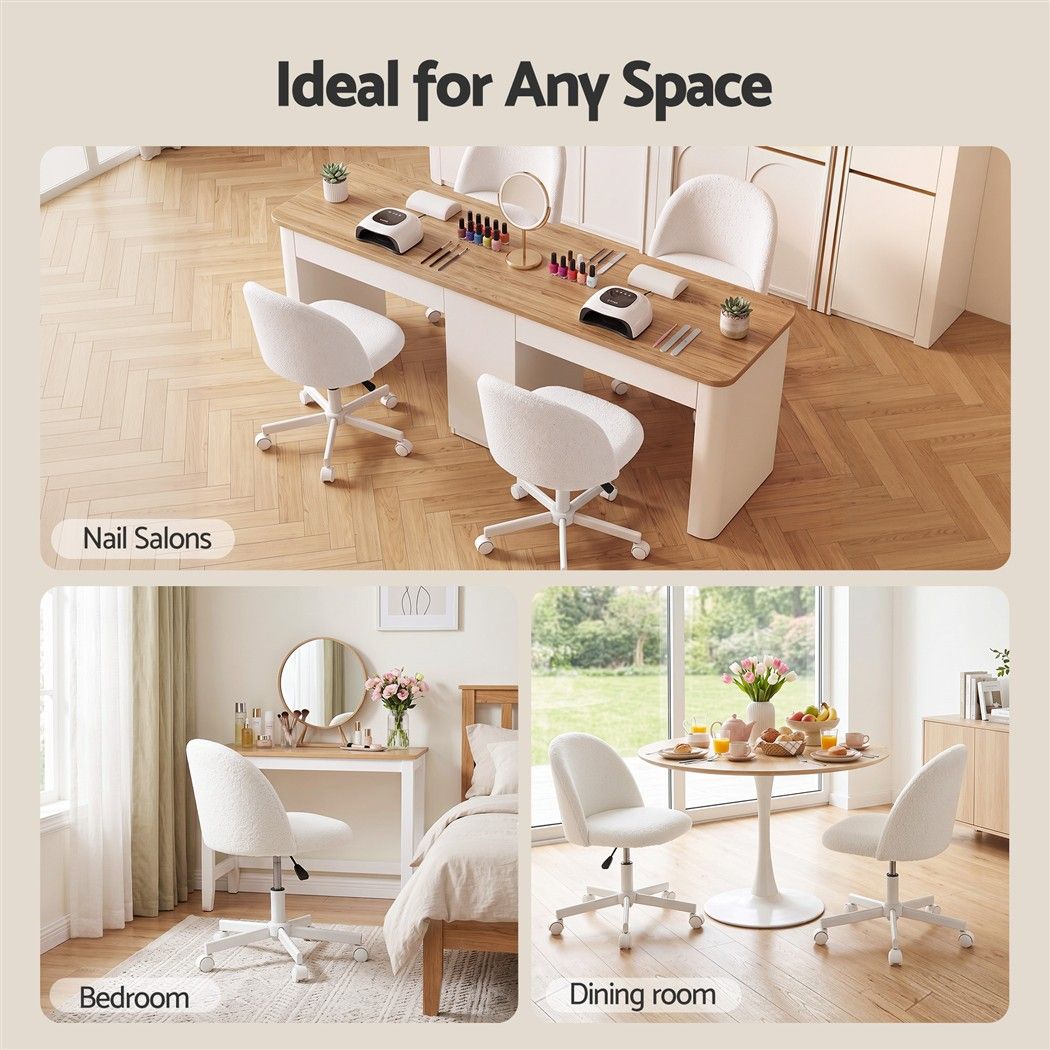 TWSC Office Chair Armless Swivel Vanity Desk Chair with Wheels Teddy Fleece White