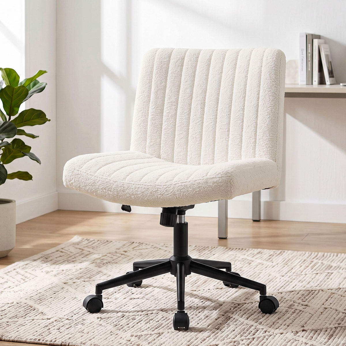 TWSC Armless Cross Legged Office Chair Wide Seat Vanity Chair Teddy Fleece Beige
