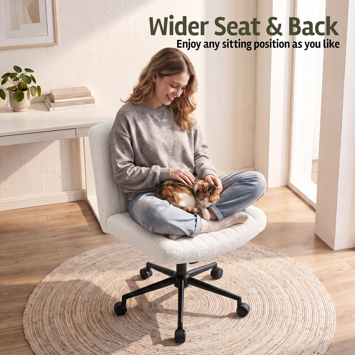 TWSC Armless Cross Legged Office Chair Wide Seat Vanity Chair Teddy Fleece Beige